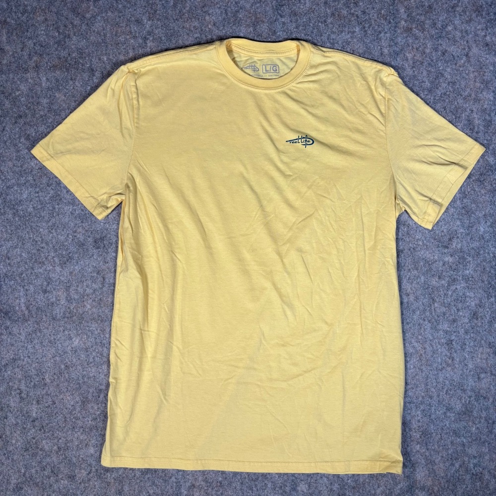 Reel Life T Shirt Mens Large Yellow Raised On The Water Fishing Graphic Surf Tee